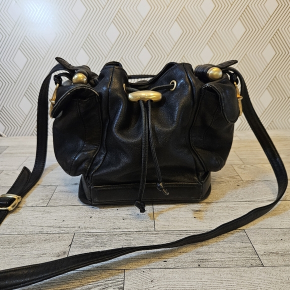 Sabina Handbags - Sabina Black Leather Drawstring Shoulder Bag with Gold Accents